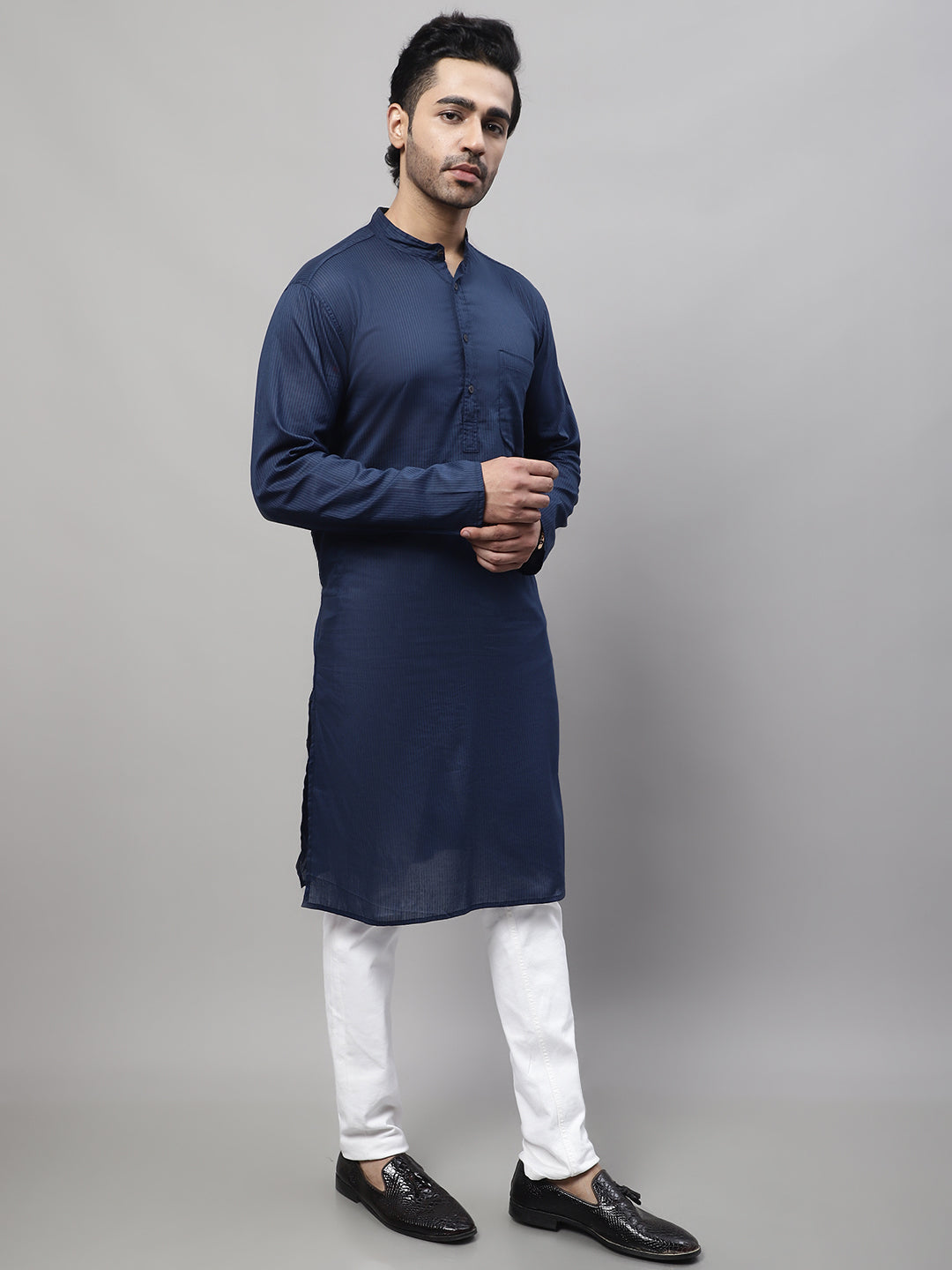 Even Apparels Blue Pure Cotton Kurta With Band Collar | Swadesiicart