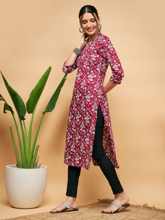 InWeave Women's Wine Floral Print Straight Angrakha Gota Kurta - Swadesiicart