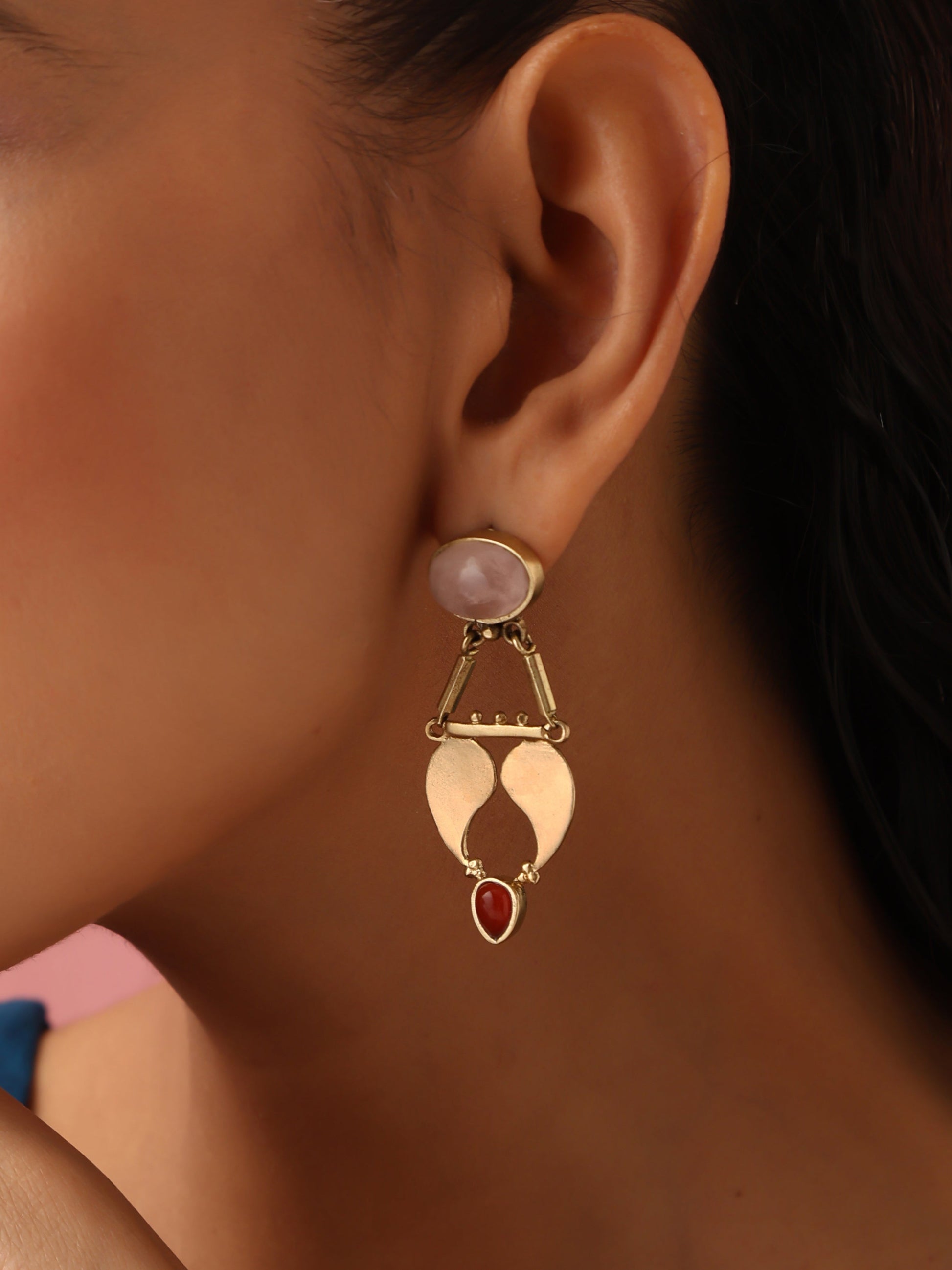 trueBrowns Brass Pink Stone Paisley Earrings - Swadesiicart