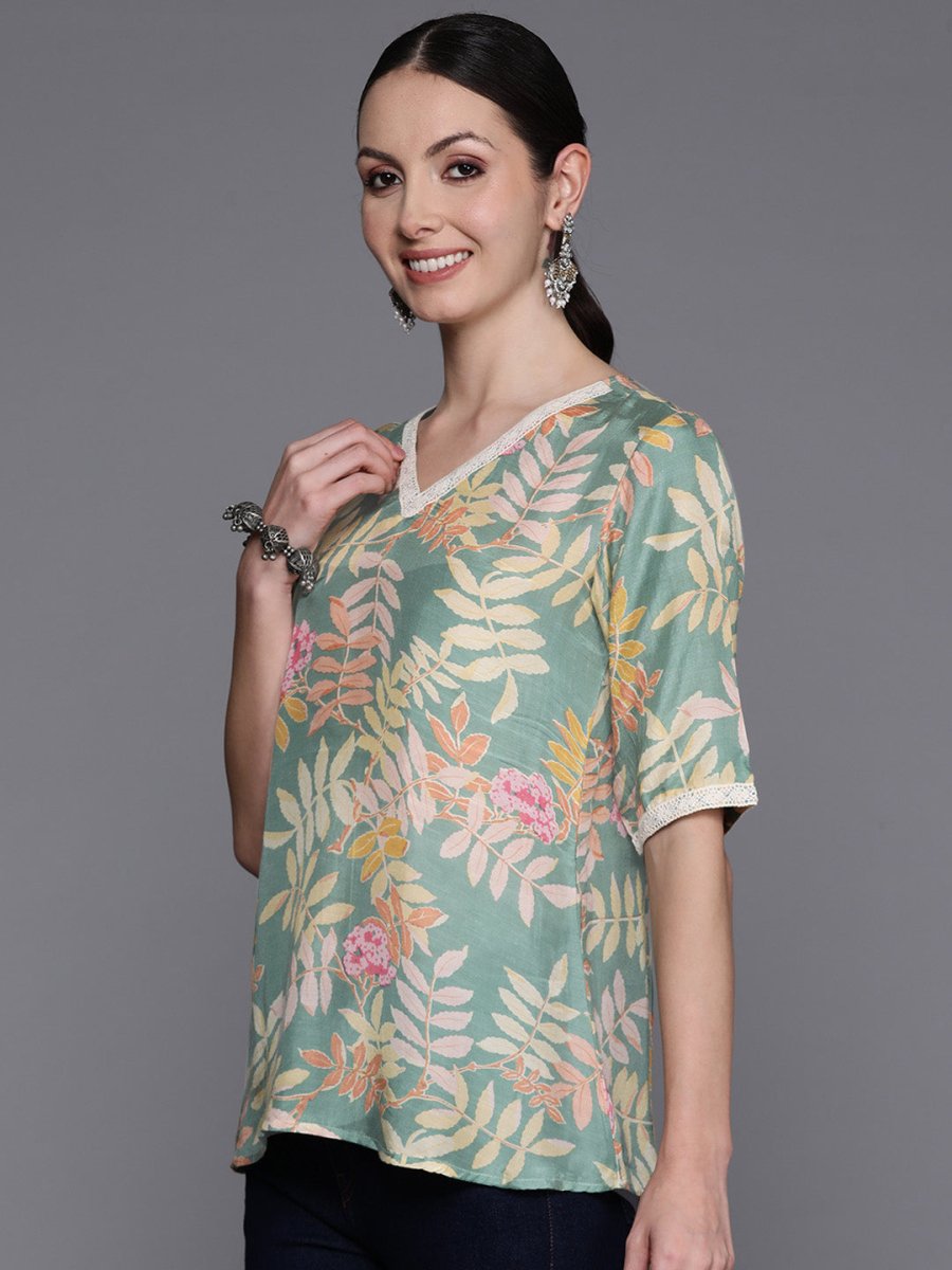 Ahalyaa Floral Printed Tunic with Lace Inserts Detail | Swadesiicart
