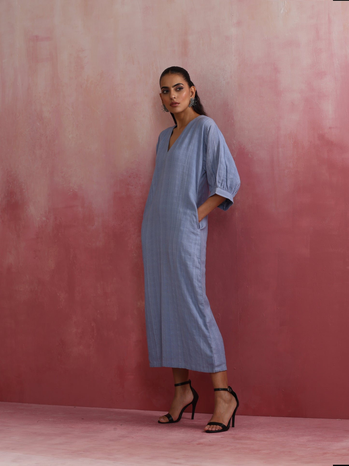 trueBrowns Sky Blue Cotton Dobby Dress | Swadesiicart