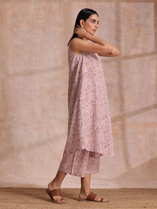 trueBrowns Grey Overall Floral Block Print Cotton High-Low Co-Ord Set - Swadesiicart