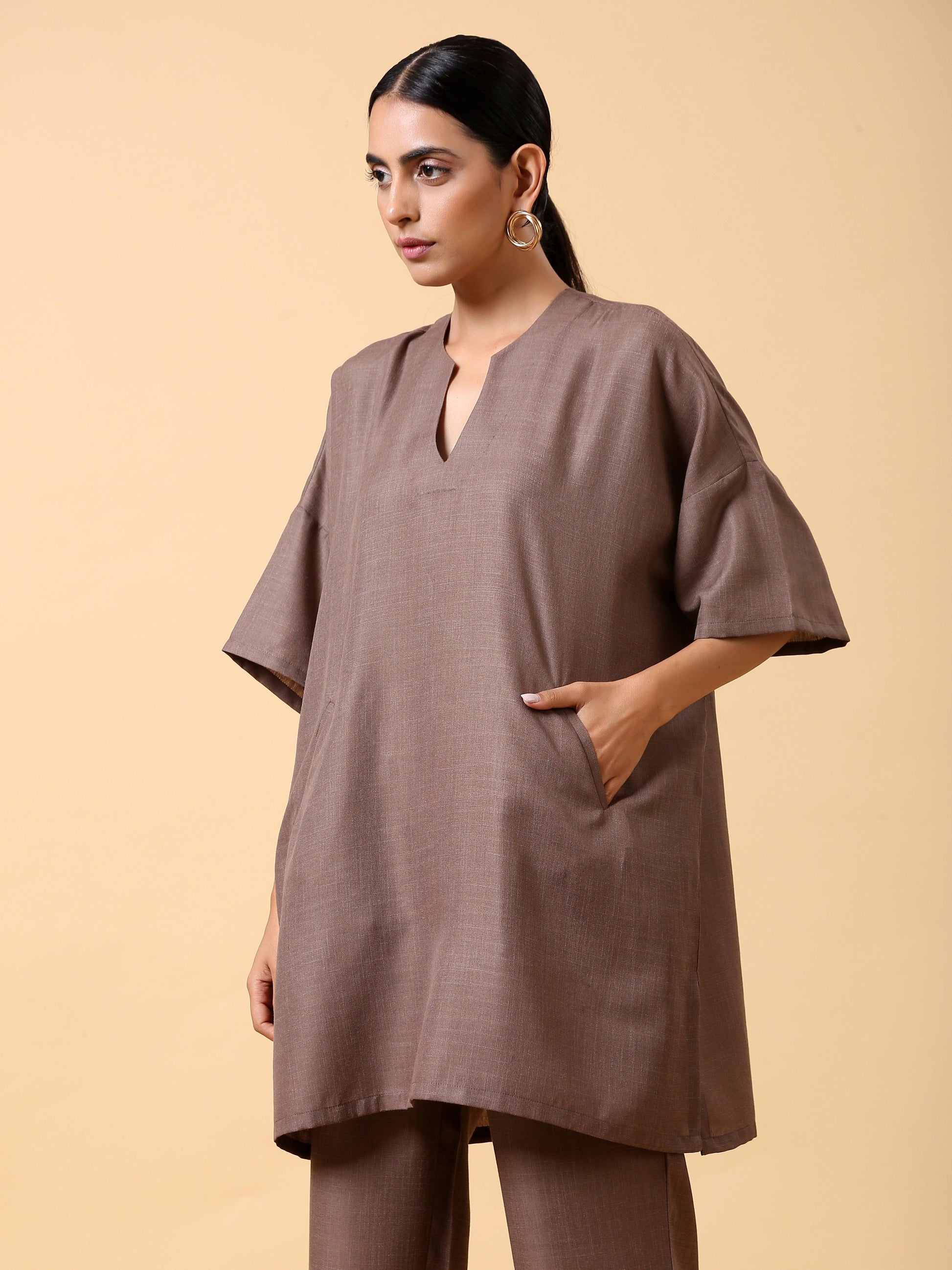 trueBrowns Cotton Linen Burnt Brown Boxy Fit Co-Ord Set - Swadesiicart
