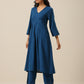 trueBrowns Classic Blue Slub Texture Overlap Pleat Kurta Pant Set | Swadesiicart
