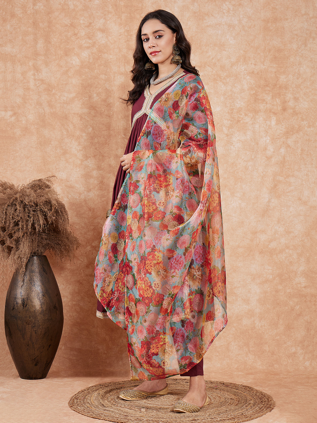 InWeave Women's Dark Burgundy Alia Neck Style Gota Set W Organza Dupatta - Swadesiicart