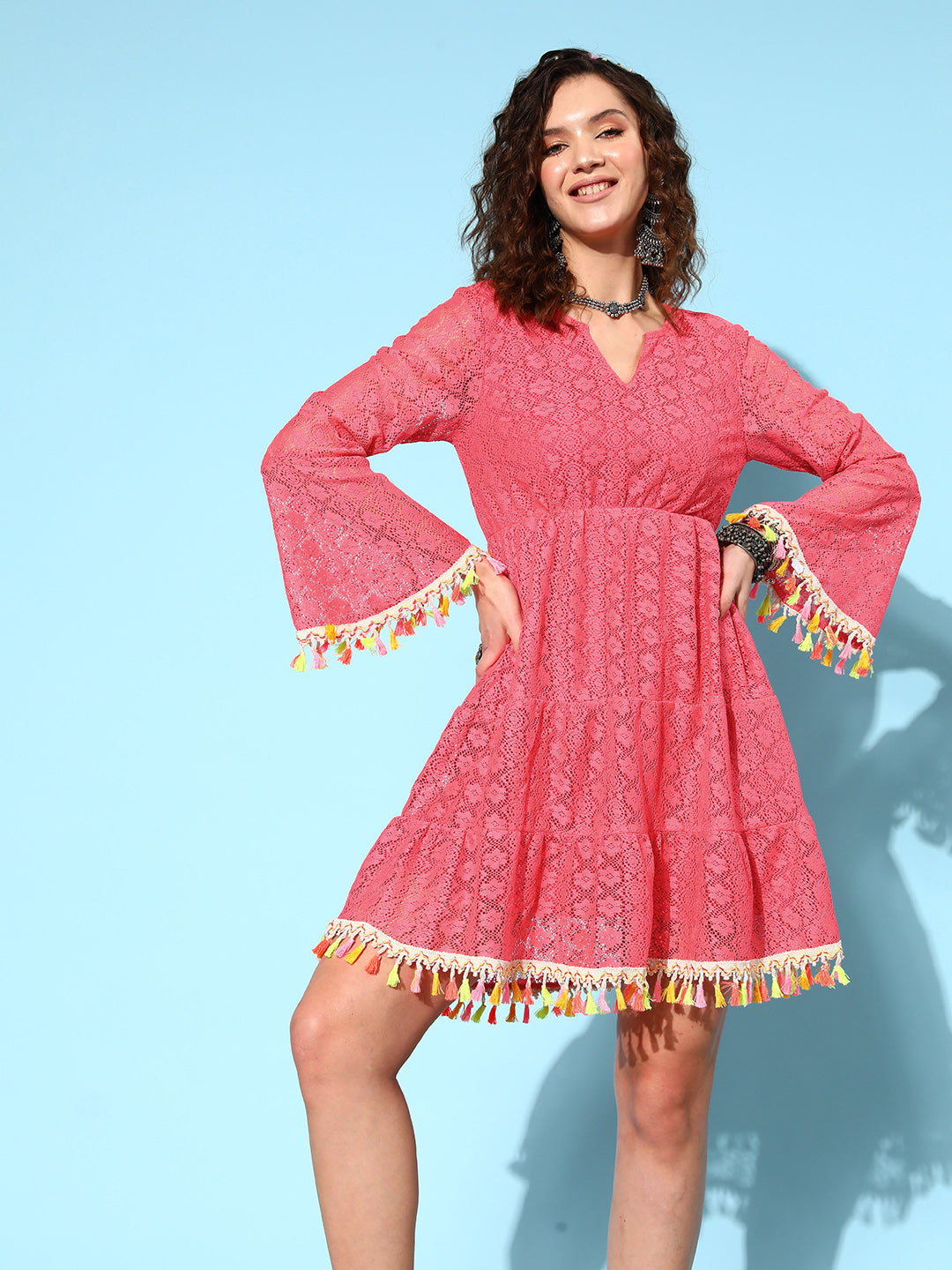 InWeave Women's Peach Lacy Dress With Tassels - Swadesiicart