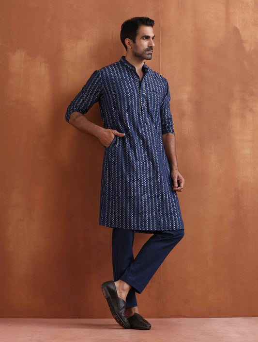 trueBrowns Men's Blue Cotton Dobby Kurta | Swadesiicart