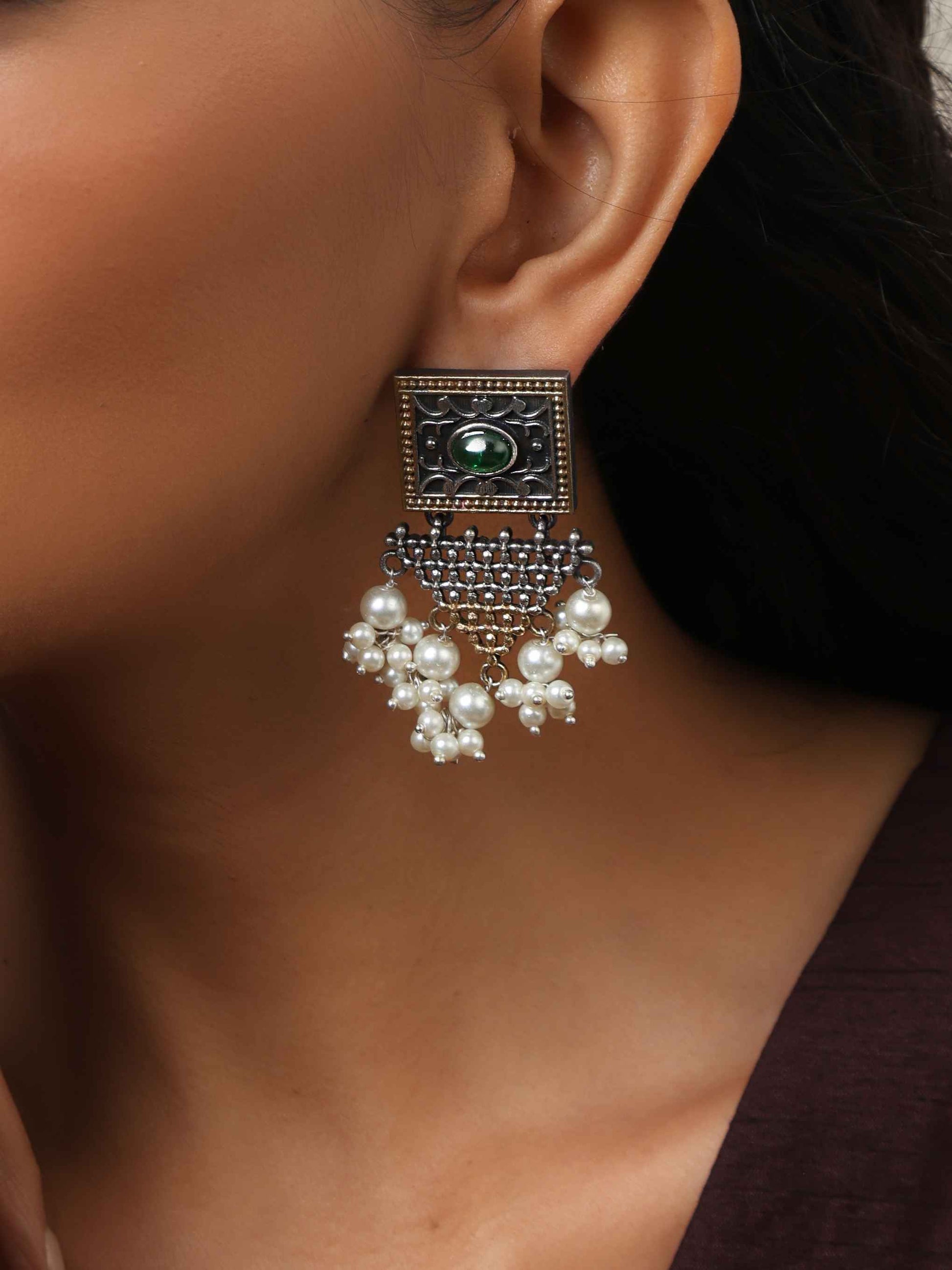 trueBrowns Silver Gold Tone Floral Silver Jaal Dangle Earrings - Swadesiicart