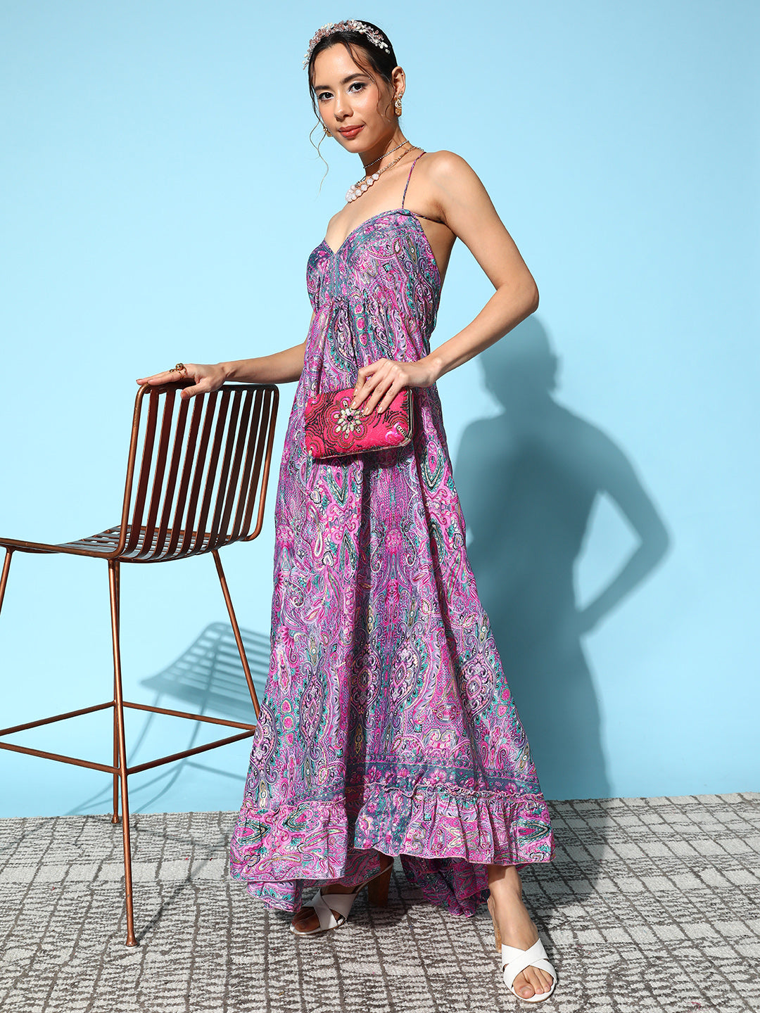 InWeave Women's Pink Paisley Print Back Detail Long Dress - Swadesiicart