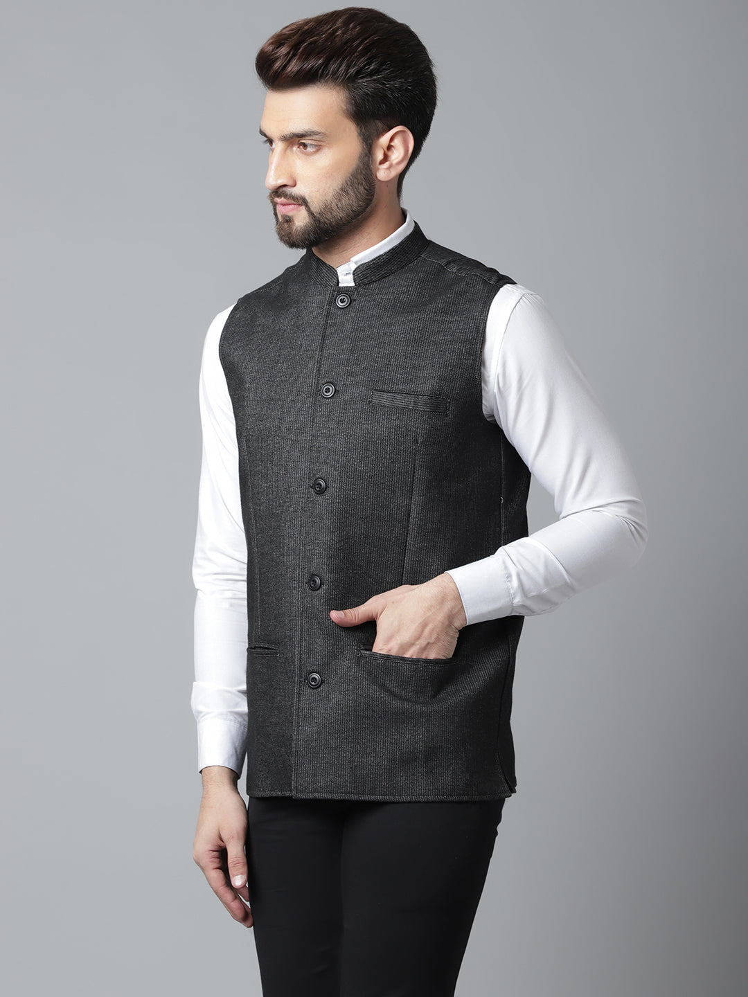 Even Apparels Men's Black Pure Wool Nehru Jacket | Swadesiicart