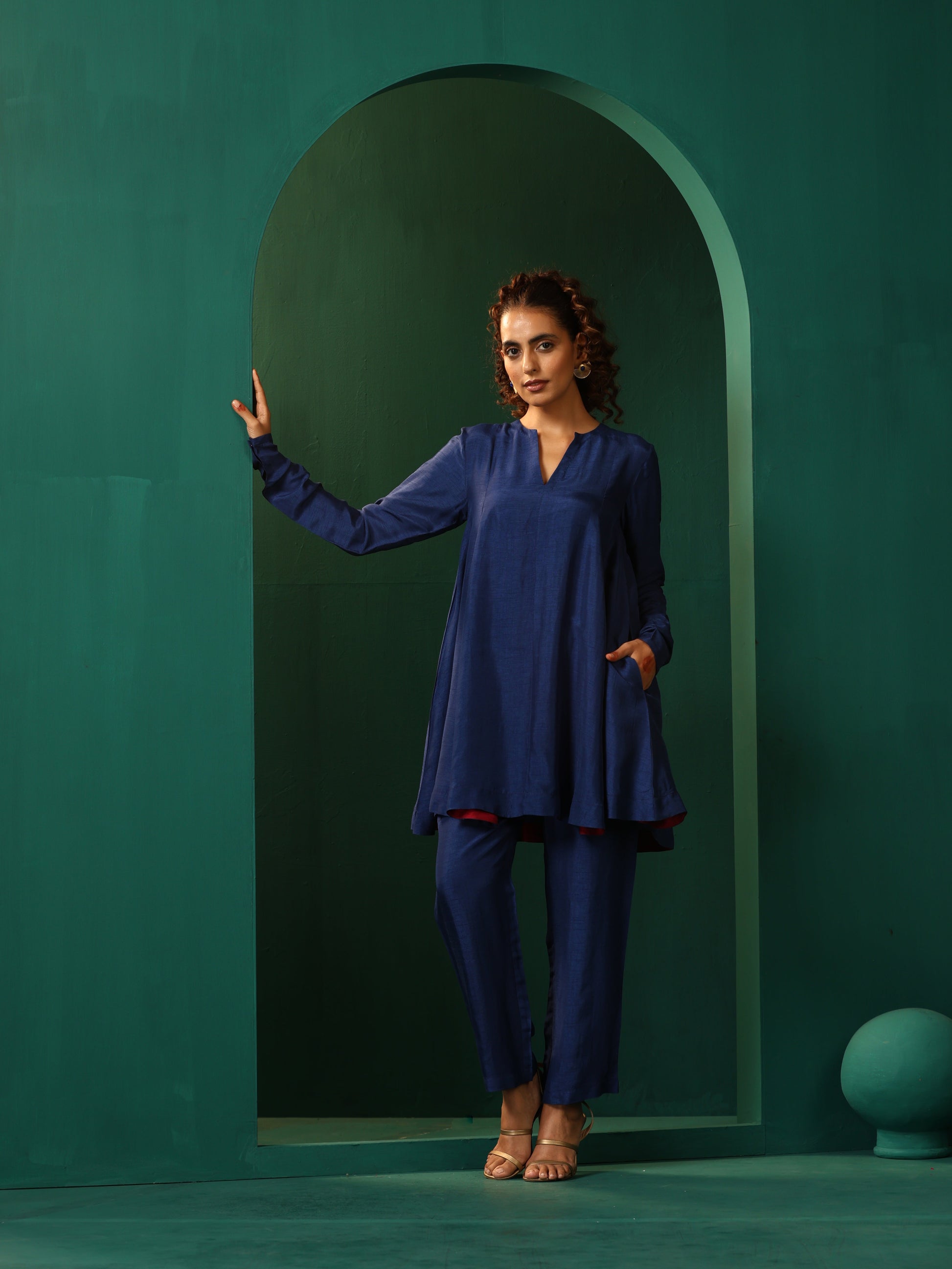 trueBrowns Blue Silk Flared Co-ord Set - Swadesiicart