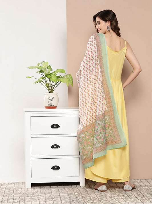 InWeave Women's Light Yellow Ray Strappy Set With Aqua Printed Border Dupatta - Swadesiicart