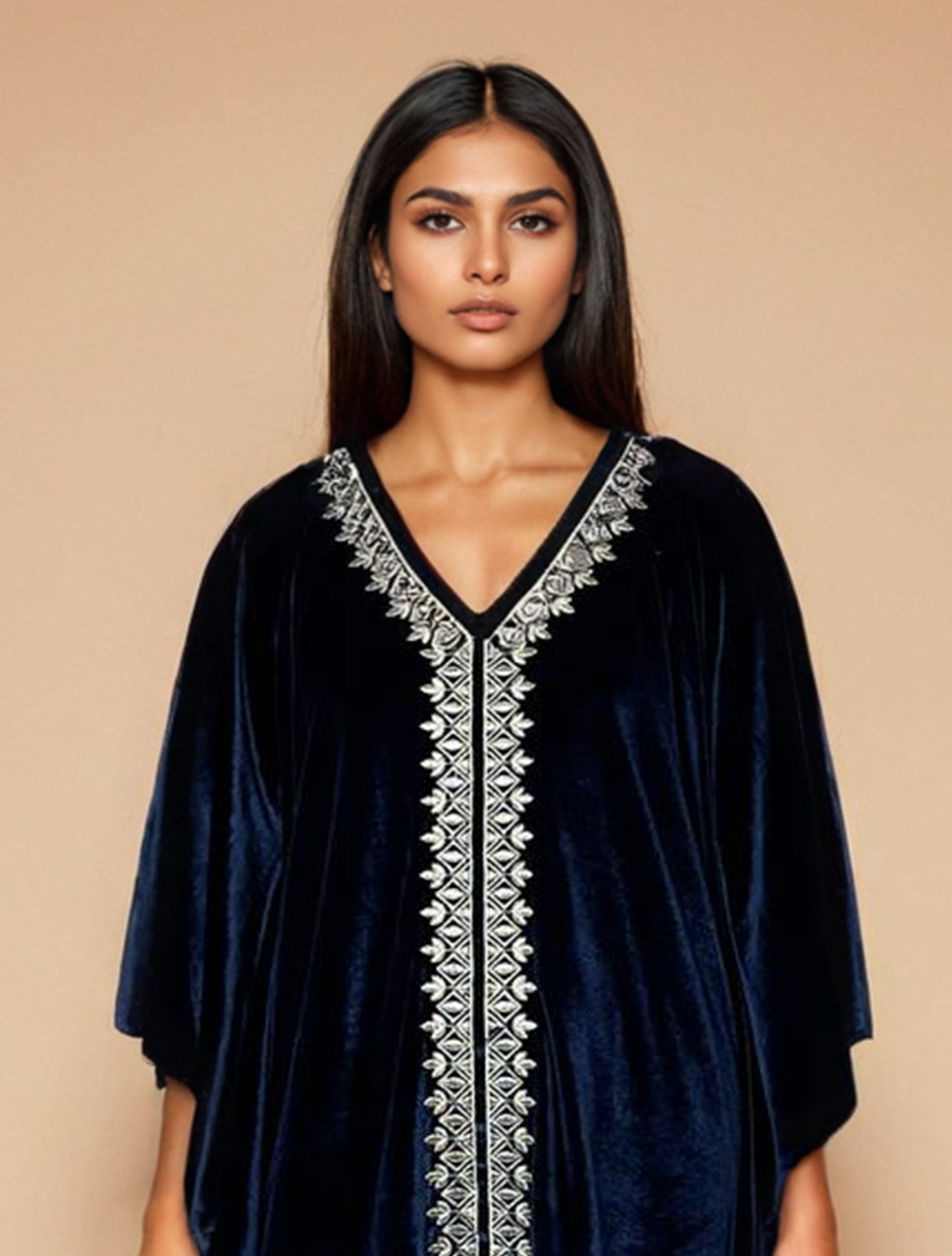 trueBrowns Navy Blue Velvet Embroidered Kaftan Kurta Set | Swadesiicart