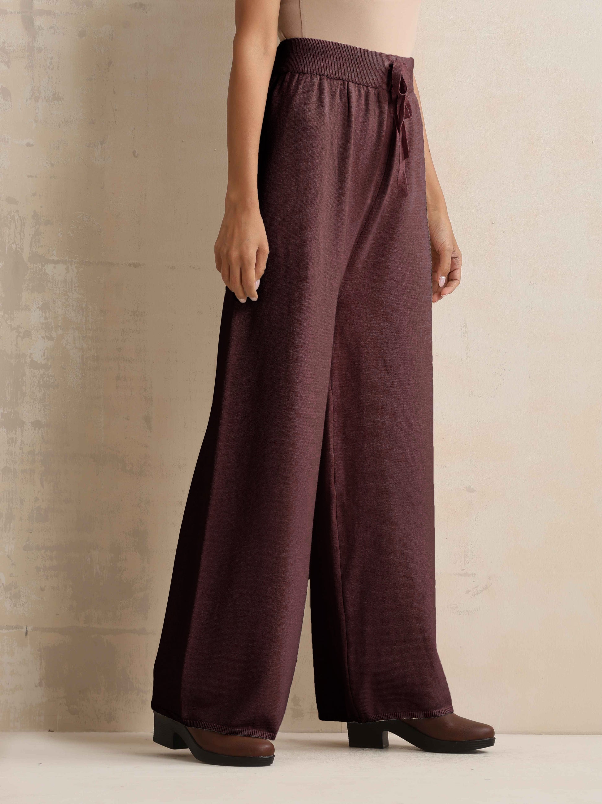 trueBrowns Brown Woollen Flared Pants | Swadesiicart
