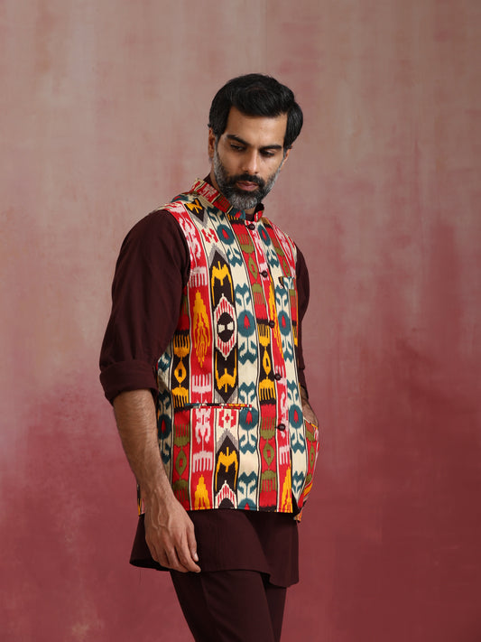 trueBrowns Men's Cola Ikat Print Cotton Reversible Nehru Jacket | Swadesiicart