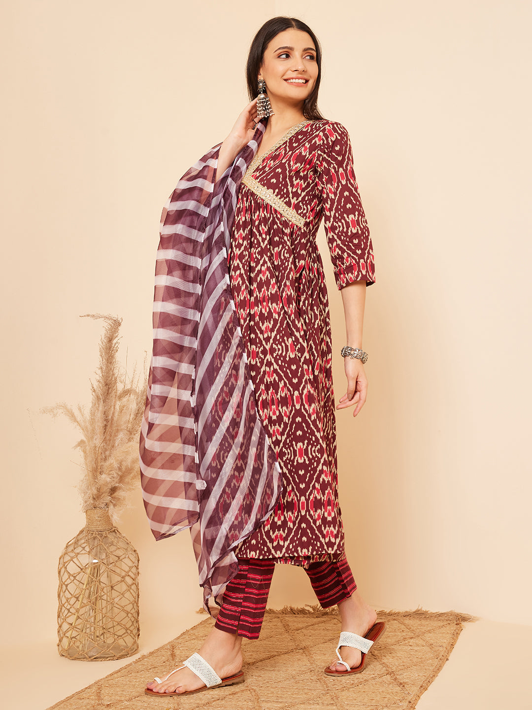 InWeave Women's Wine Ikkat Print Alia Cut Gota Work Kurta Set W Wine Leh Dup - Swadesiicart
