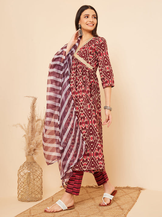 InWeave Women's Wine Ikkat Print Alia Cut Gota Work Kurta Set W Wine Leh Dup - Swadesiicart