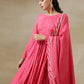 trueBrowns Pink Bandhani Printed Silk Anarkali Kurta Pant Dupatta Set | Swadesiicart