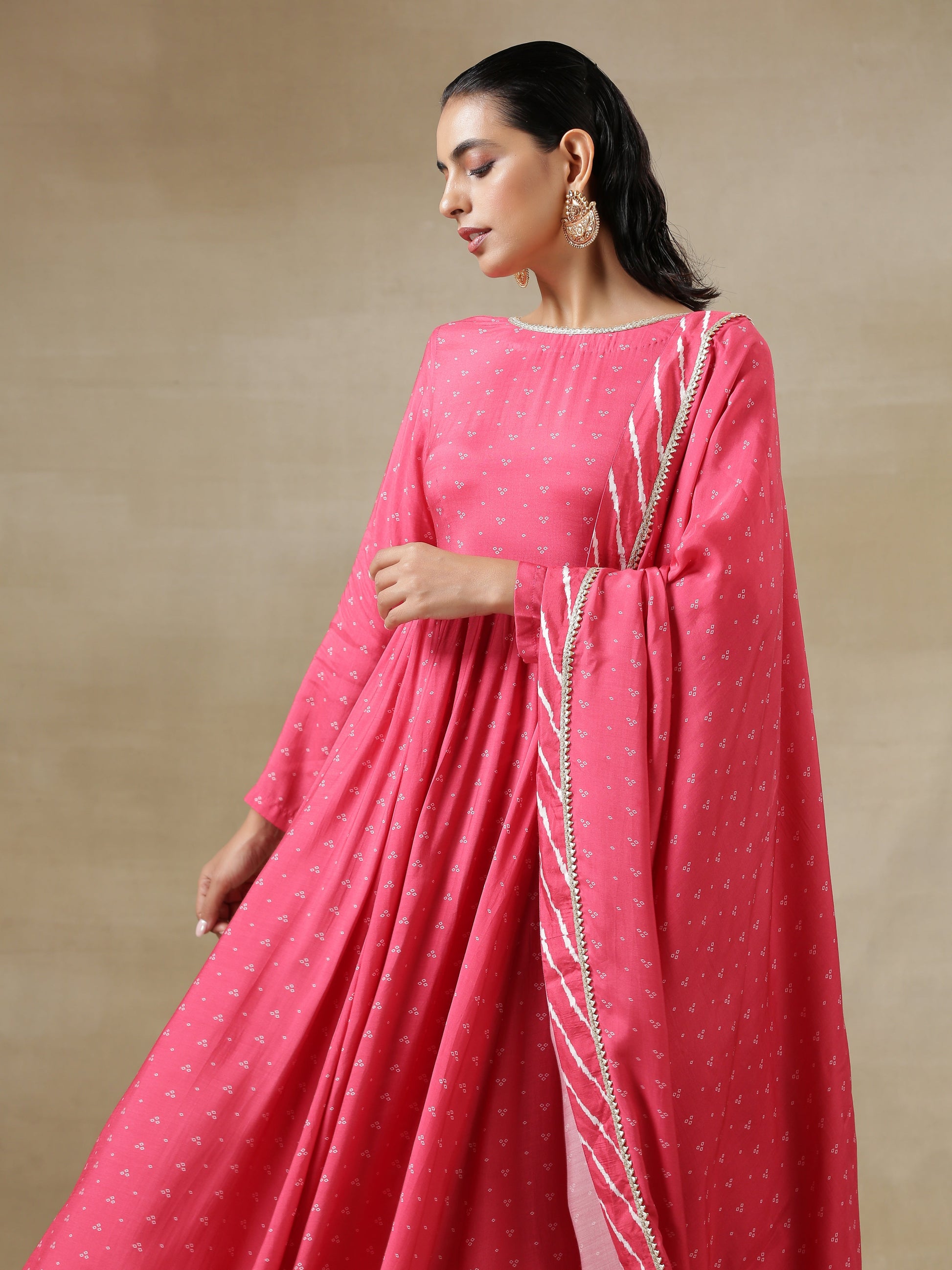 trueBrowns Pink Bandhani Printed Silk Anarkali Kurta Pant Dupatta Set | Swadesiicart