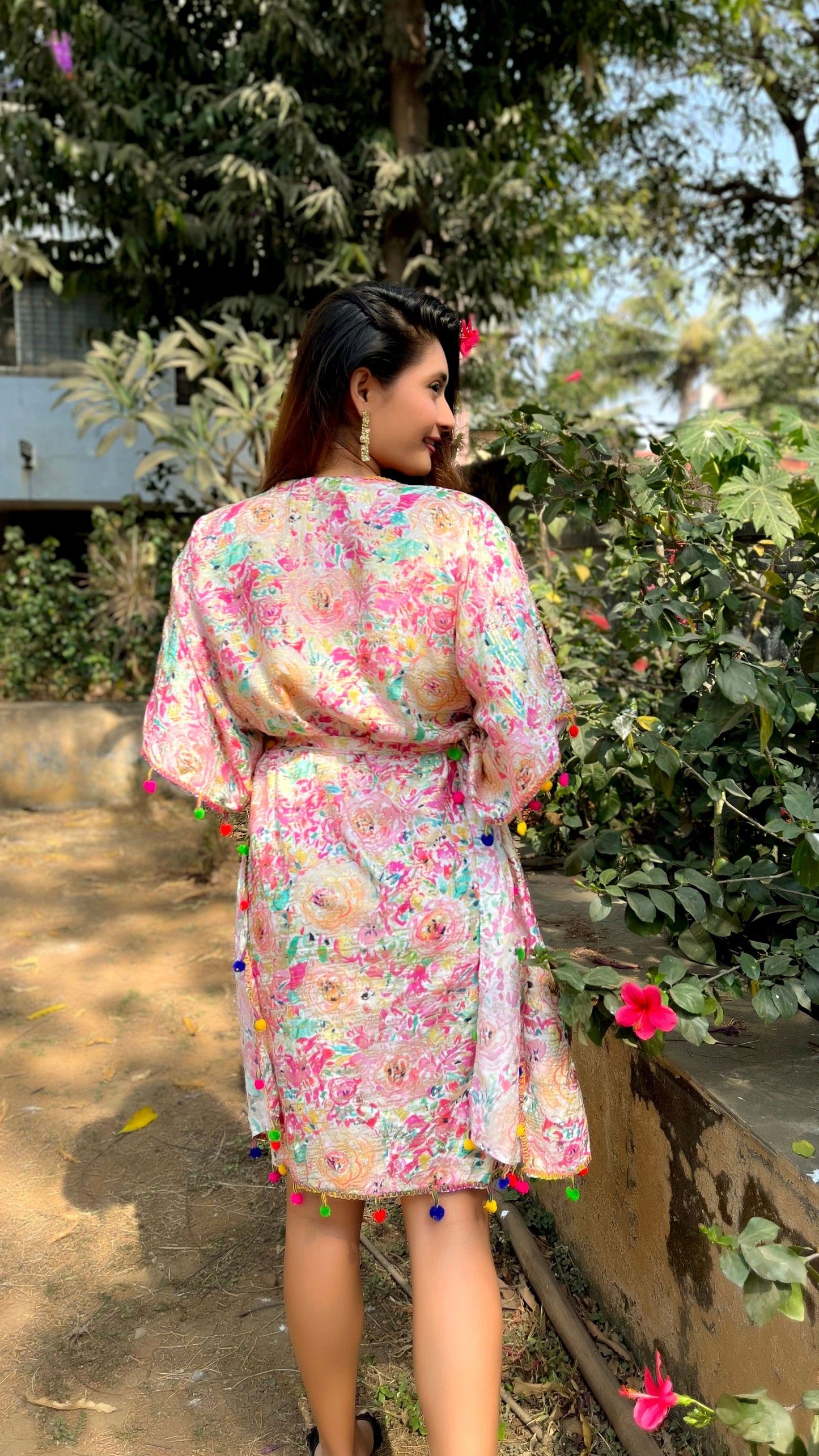 Noroke Cupro Muslin Gold Pink Beachwear Cover up Kaftan | Swadesiicart