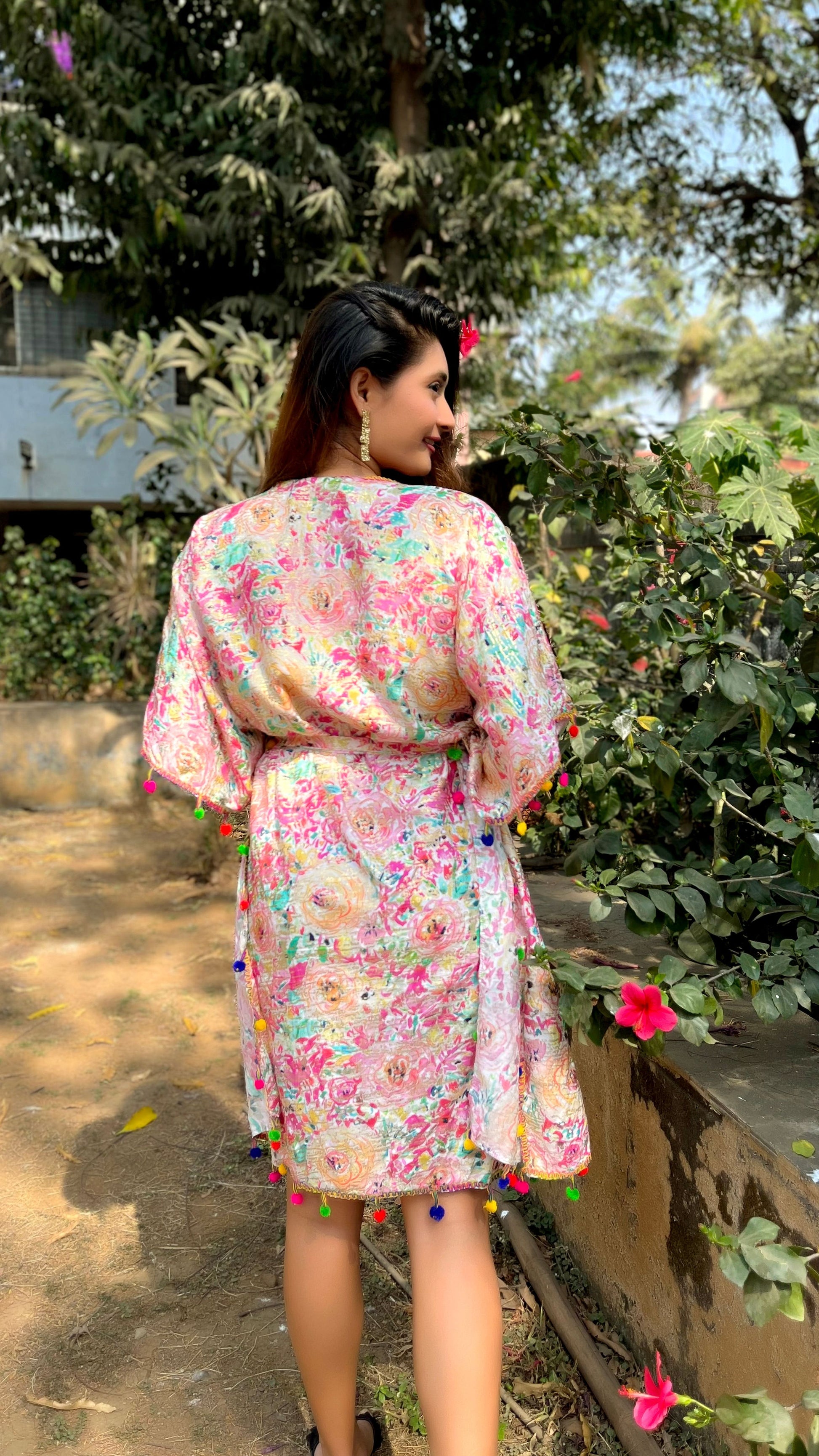 Noroke Cupro Muslin Gold Pink Beachwear Cover up Kaftan | Swadesiicart