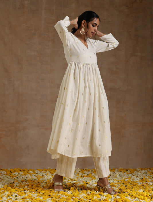 trueBrowns Ivory Gold Cotton Kalidar Kurta Set | Swadesiicart