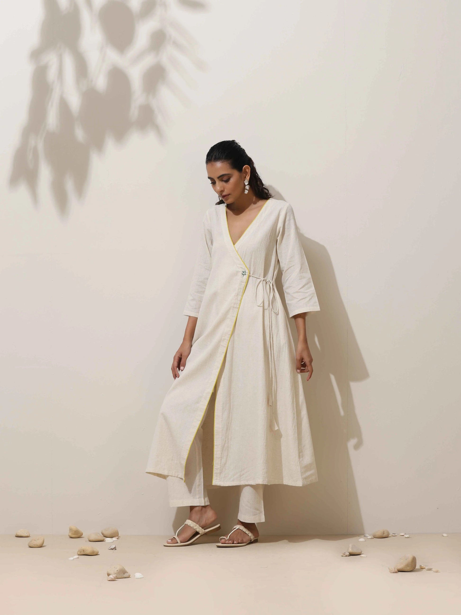 trueBrowns Off White Cotton Linen Angrakha Kurta Pant Set | Swadesiicart