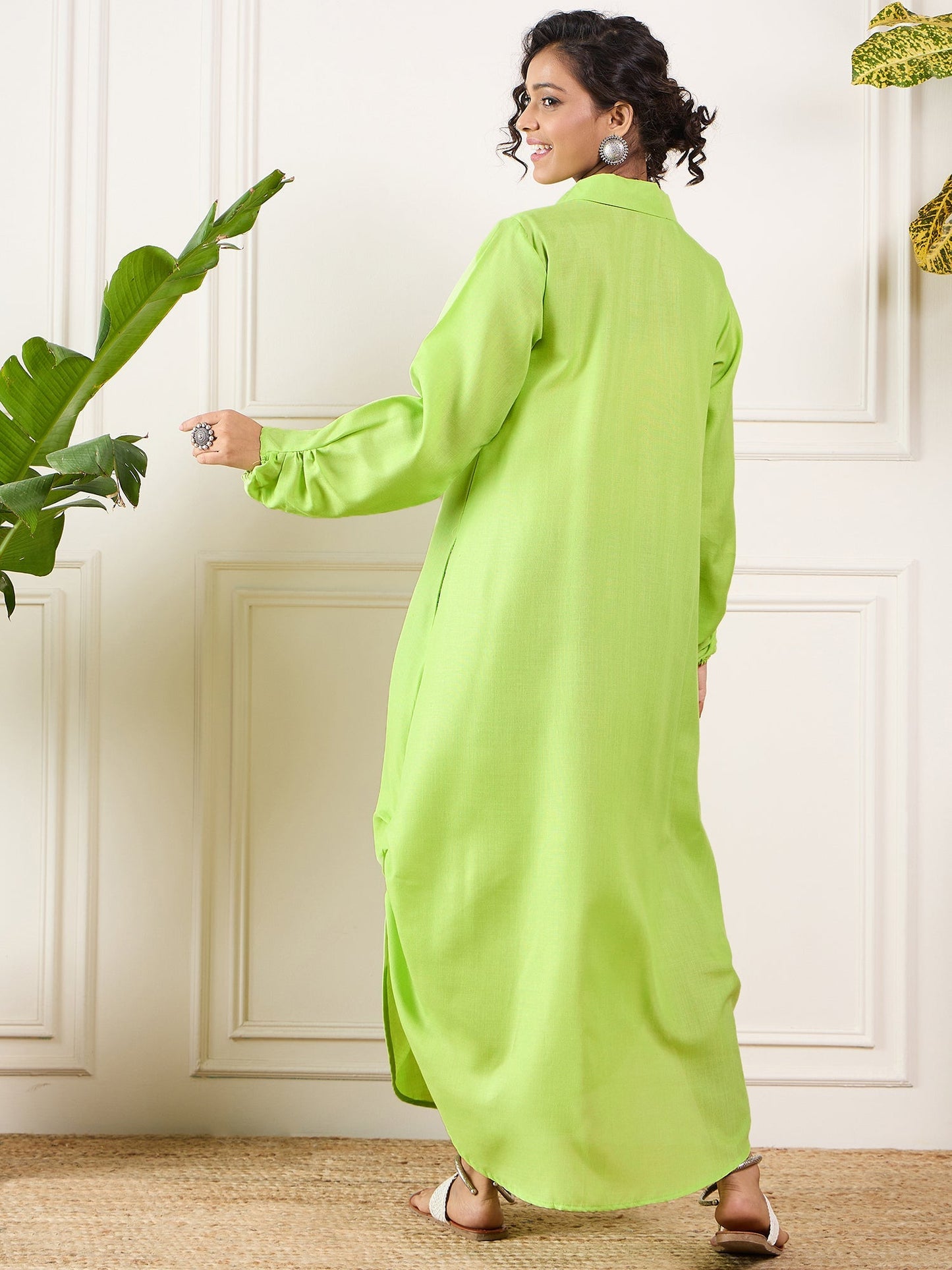 InWeave Neon Green Shawl Neck Long Side Pleat Dress - Swadesiicart