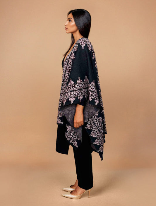 trueBrowns Black Woollen Pink Jacquard Kaftan Cape | Swadesiicart