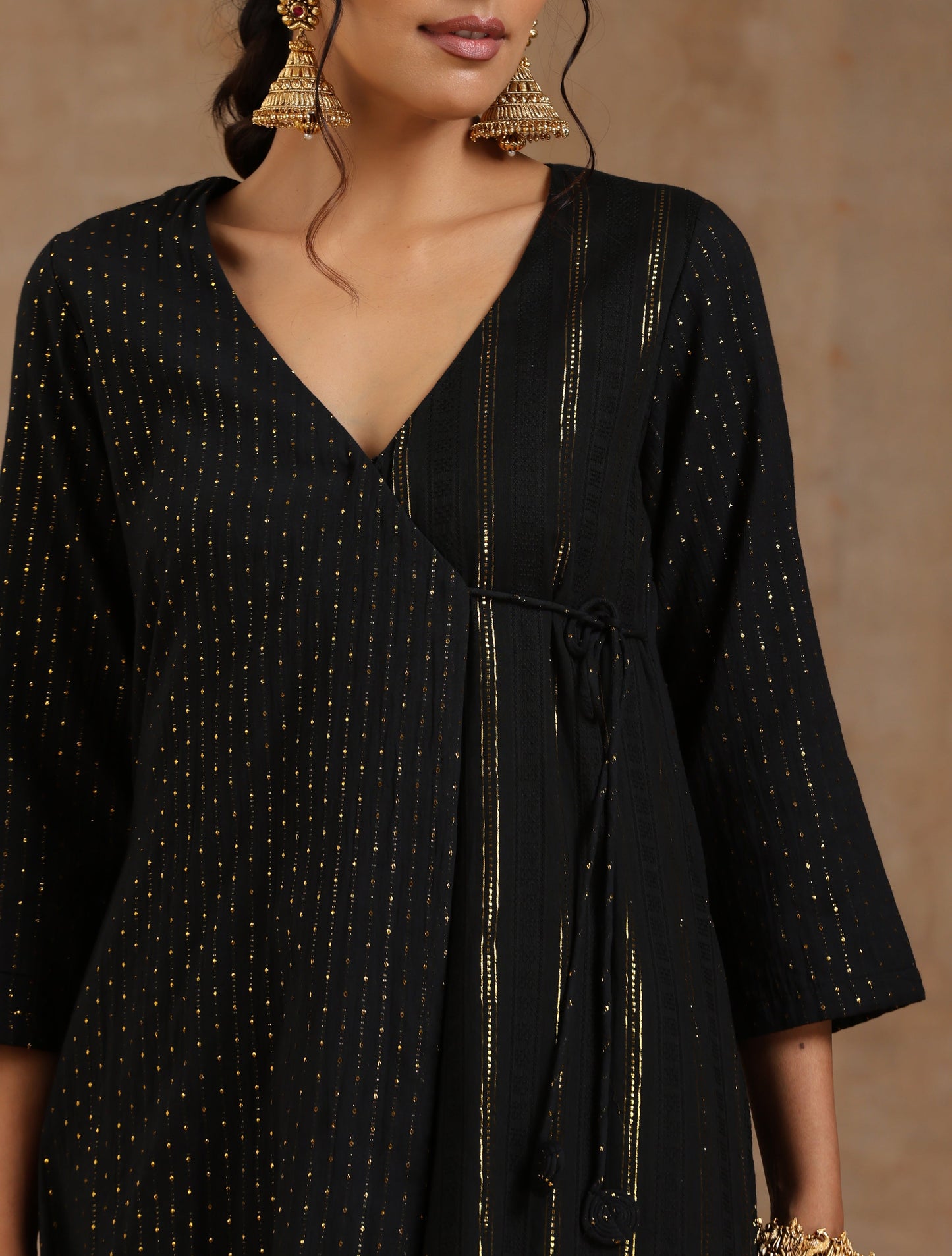 trueBrowns Black Gold Cotton Angrakha Kurta Set | Swadesiicart