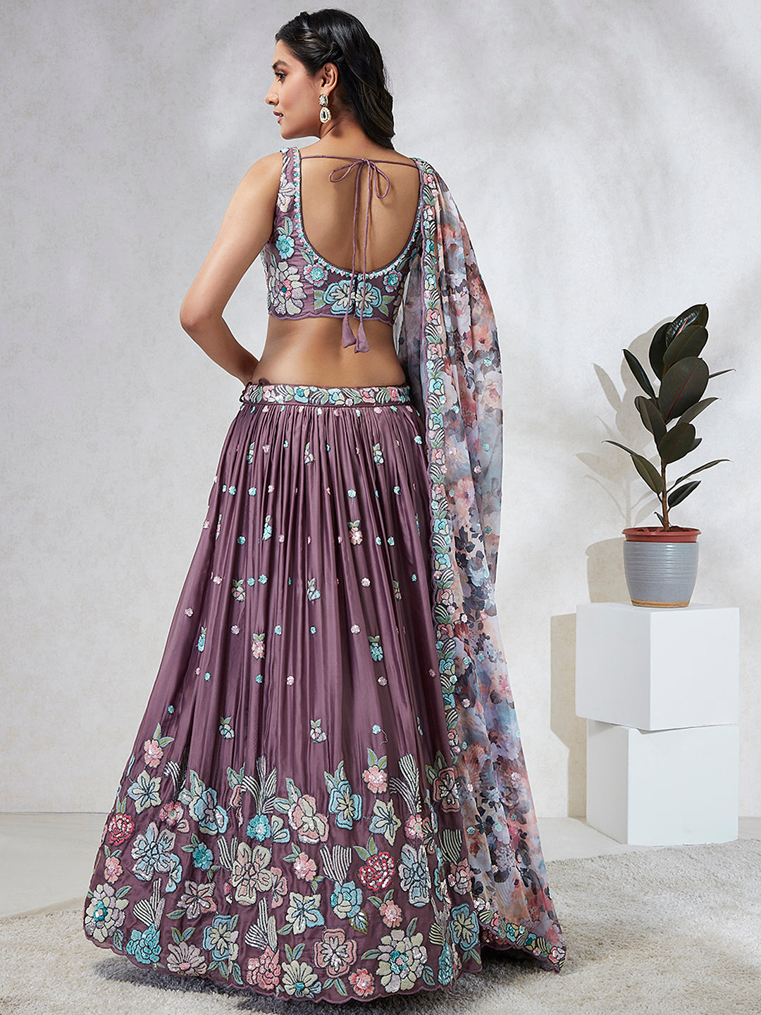 House of Panchhi Lavender Georgette Sequins And Thread Embroidery Lehenga Choli & Dupatta | Swadesiicart