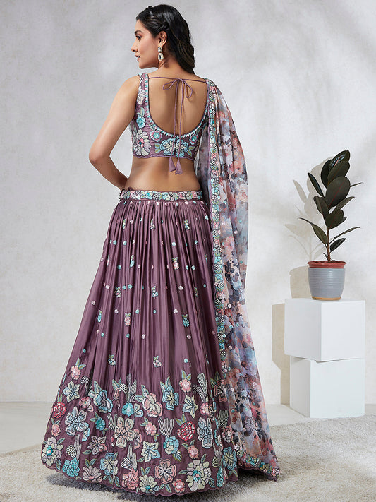 House of Panchhi Lavender Georgette Sequins And Thread Embroidery Lehenga Choli & Dupatta | Swadesiicart