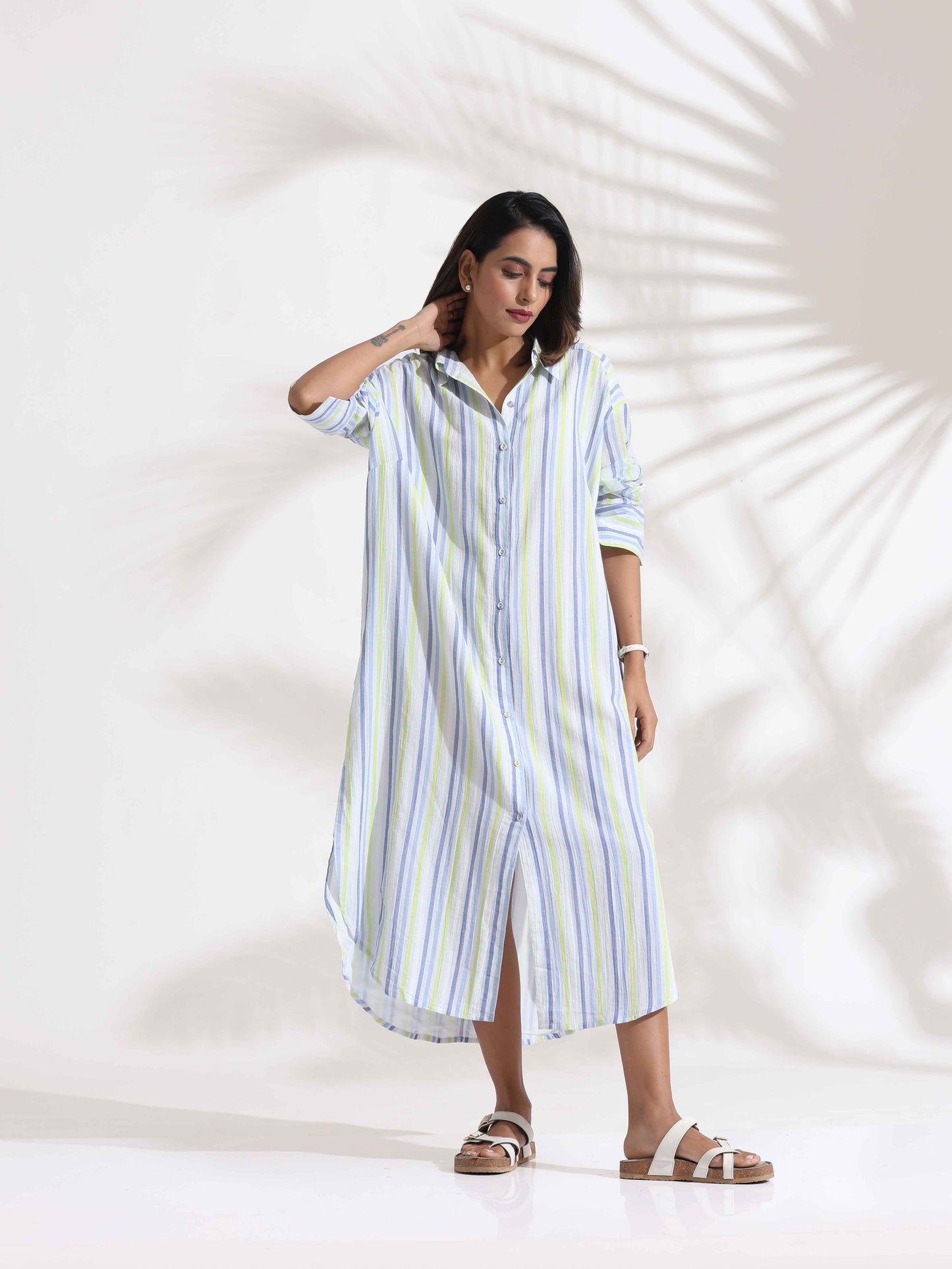 trueBrowns White Cotton Multi Stripe Shirt Dress | Swadesiicart