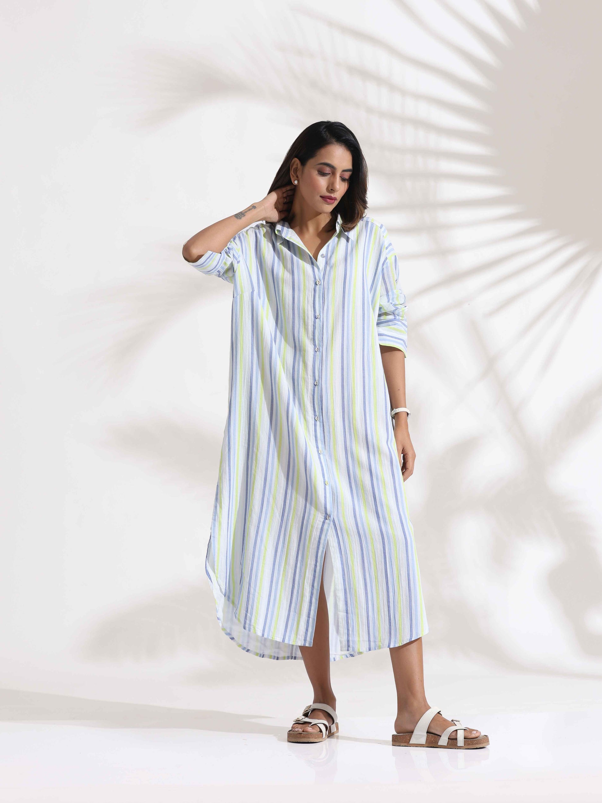 trueBrowns White Cotton Multi Stripe Shirt Dress | Swadesiicart