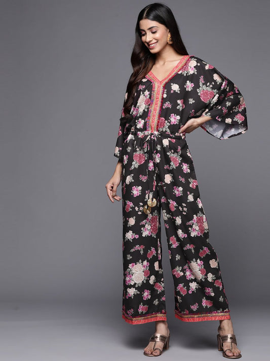 Ahalyaa Printed Crepe Basic Jumpsuit With Lace Inserts | Swadesiicart