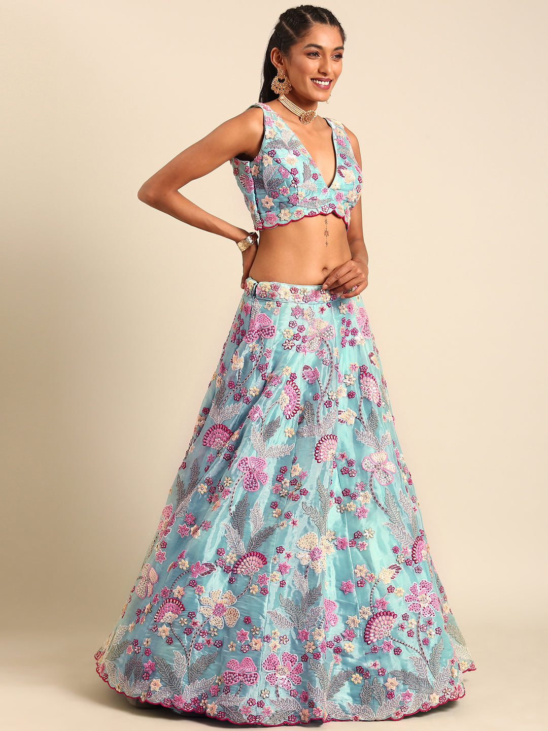 House of Panchhi Turquoise Blue Organza Sequins And Zarkan Embroidery Lehenga Choli & Dupatta | Swadesiicart