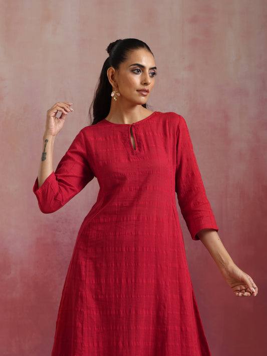 trueBrowns Red Cotton Dobby Flared Kurta Set | Swadesiicart