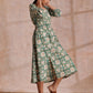 trueBrowns Fern Green Overall Floral Block Print Cotton Square Neck Dress | Swadesiicart