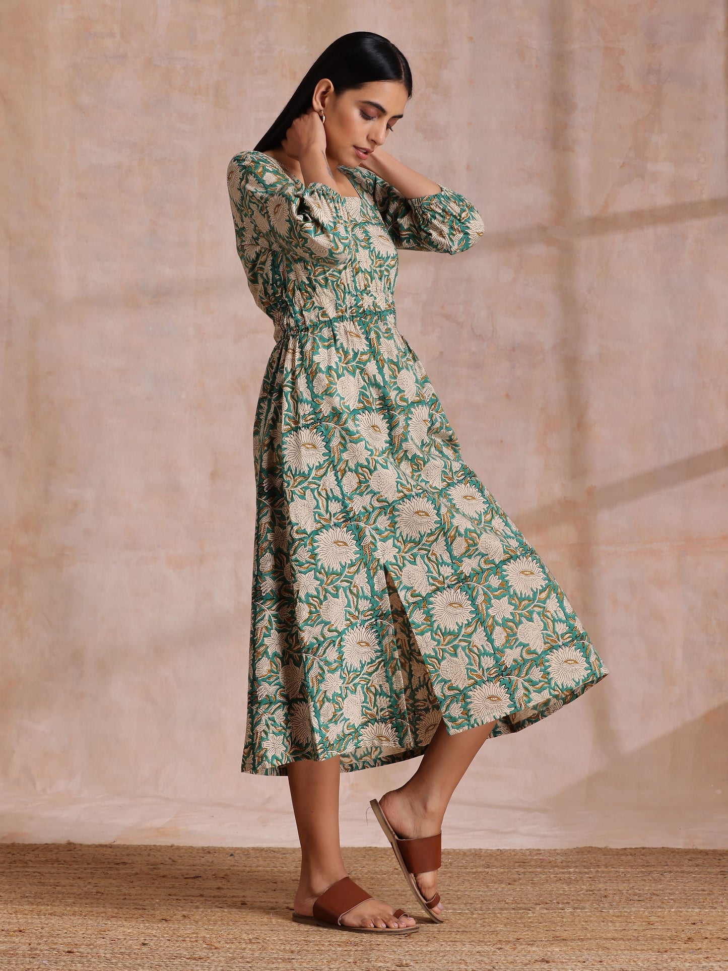 trueBrowns Fern Green Overall Floral Block Print Cotton Square Neck Dress | Swadesiicart