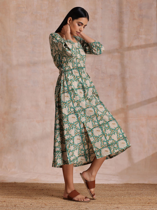 trueBrowns Fern Green Overall Floral Block Print Cotton Square Neck Dress | Swadesiicart