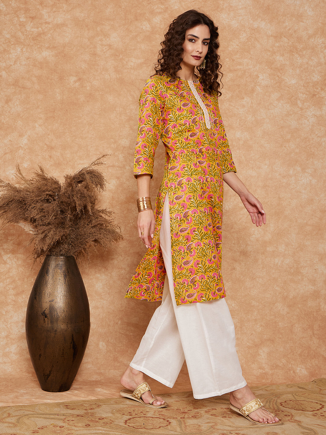 InWeave Women's Mustard Green Lace Gota Work Straight Kurta - Swadesiicart