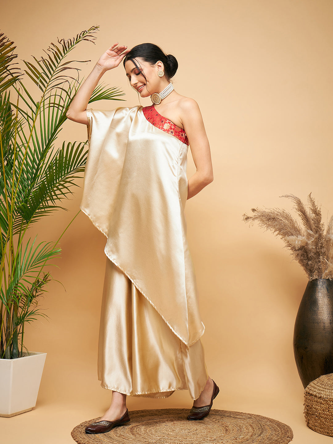 InWeave Women's Beige Red Brocade Oneshoulder Top Satin W Palazzo Set - Swadesiicart