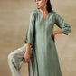 trueBrowns Light Green Bandhani Printed Silk High Slit Kurta Pant Set | Swadesiicart