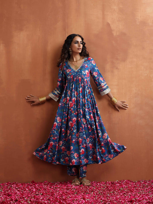 trueBrowns Blue Print Flared Anarkali Kurta Set | Swadesiicart