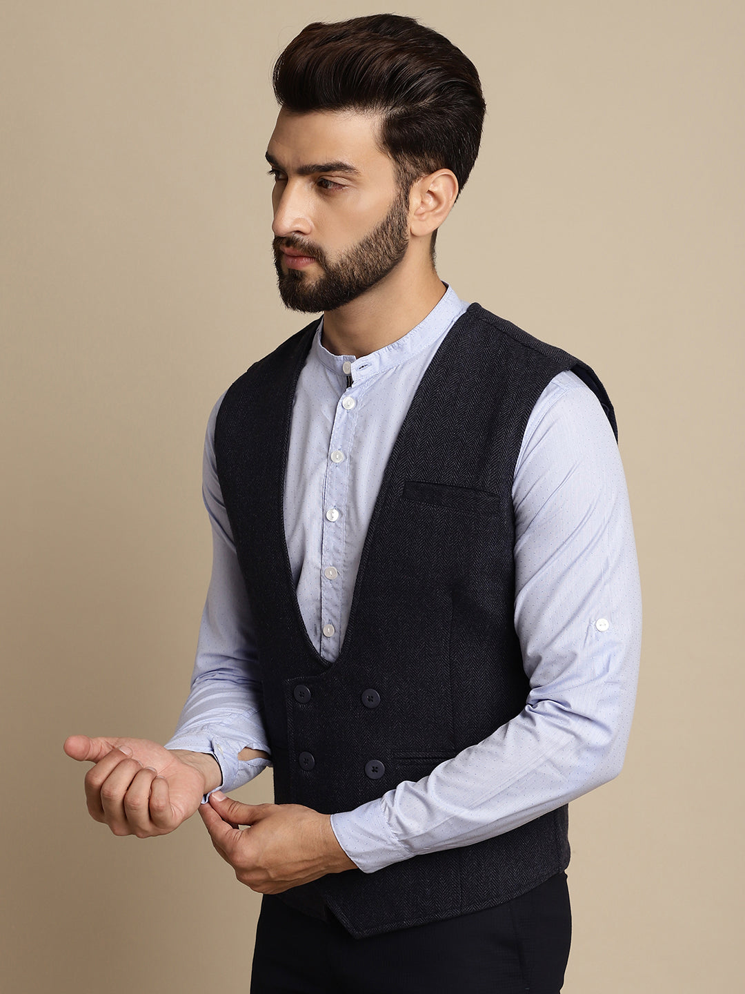 Even Apparels Men's Blue Woolen Double Breast Waistcoat | Swadesiicart