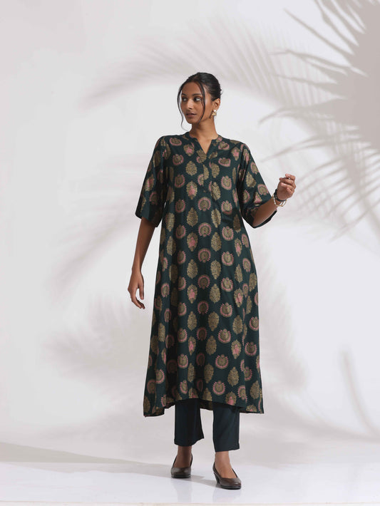 trueBrowns Green Foil Print Cotton Kurta Set | Swadesiicart
