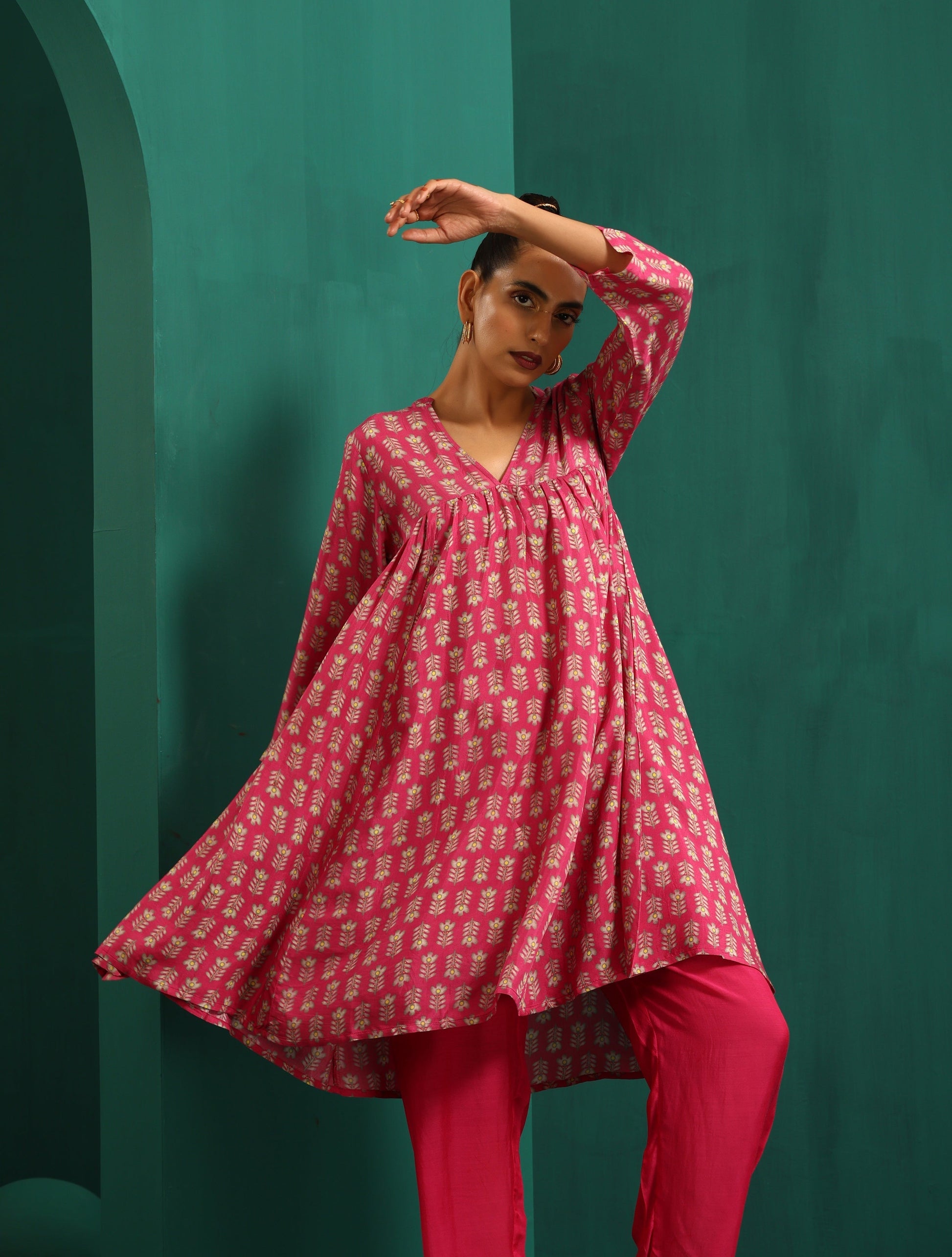 trueBrowns Pink Leaf Muslin Silk Printed Yoke Gathered Co-ord Set - Swadesiicart