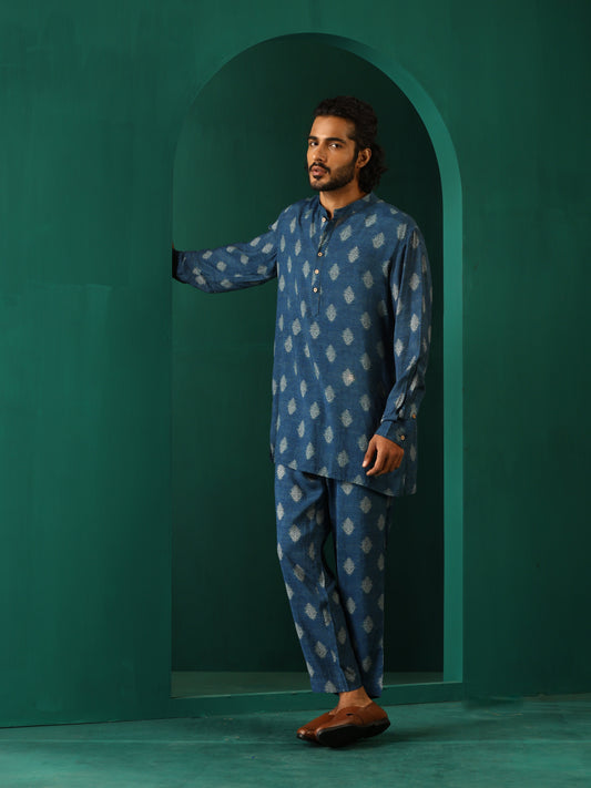 trueBrowns Men's Blue Floral Muslin Silk Printed Co-ord Set - Swadesiicart