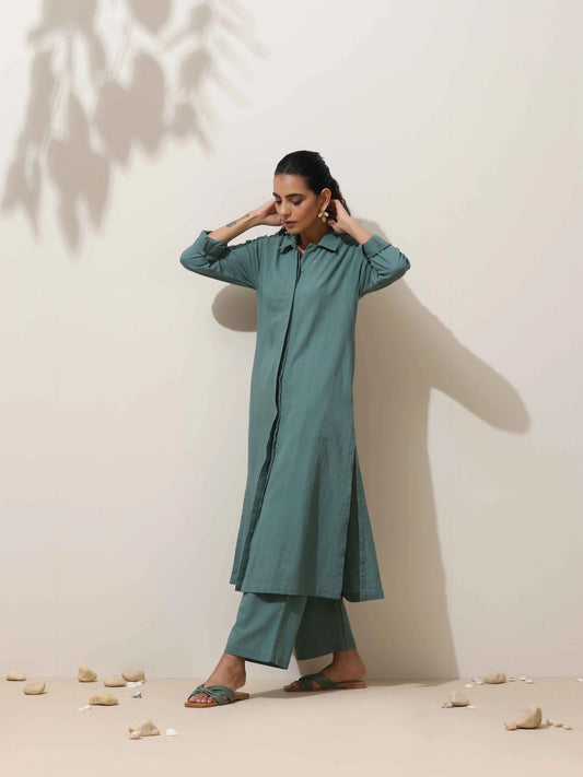 trueBrowns Green Cotton Linen Kurta Pant Set | Swadesiicart