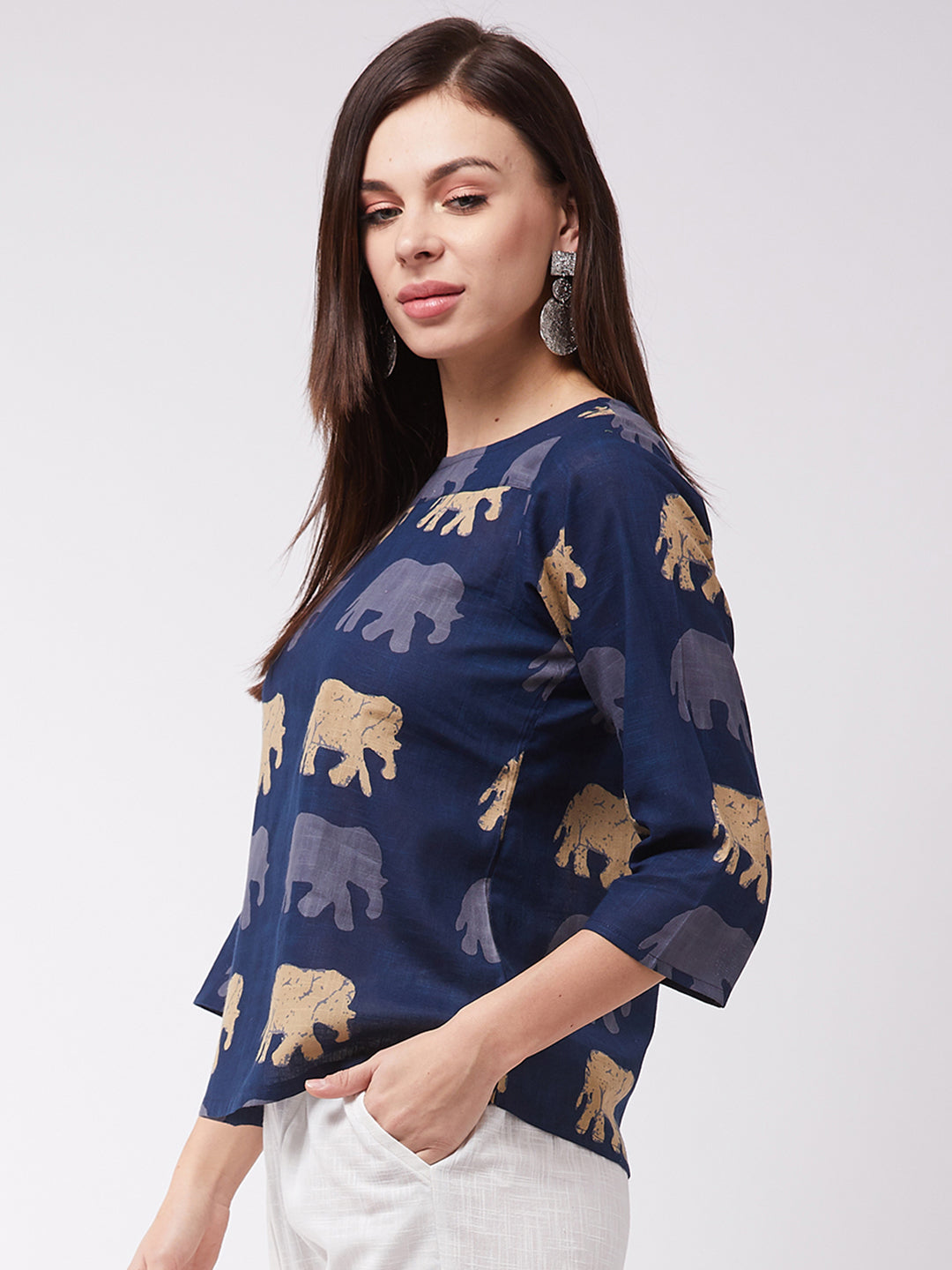 InWeave Elephant Print Blue Top - Swadesiicart
